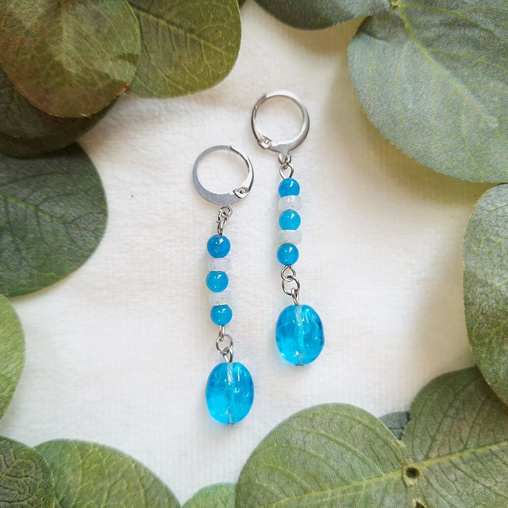 Aqua Quartz & Glass Earrings, Stainless Steel Leverback - Picture 2 of 9